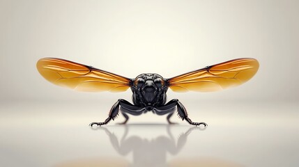 Wall Mural - Close-up view of a stylized insect with transparent wings on a smooth surface, showcasing intricate details