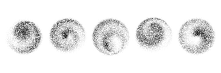 Poster - Dotted spiral gradient shapes. Black stippled swirl object set. Grainy spray circles collection. Noise wave splashes and splatters forms. Dissolving sand dust texture. Vector fading halftone elements