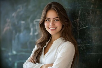 Wall Mural - A woman with long brown hair is smiling