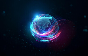 Poster - a digital globe is illuminated with bright blue and red light streaks orbiting around it. the image 