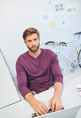 Aufkleber - Portrait, business and man with laptop, architecture and designer with creativity, internet and company website. Face, person or employee at desk, computer or network with online planning or research