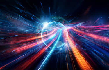Poster - Bright sphere emitting dynamic streaks of blue and orange light. Energetic rays flow outward, creating a sense of rapid motion and digital connection.