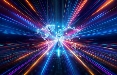 Poster - Bright, abstract world map center glows with blue and orange light streaks radiating on a dark backdrop, conveying global connectivity and digital flow.