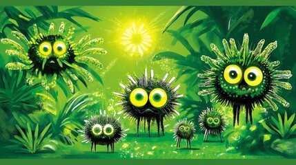 Poster - Conceptual Artwork of Unique Biological Forms in Vibrant Green Environment