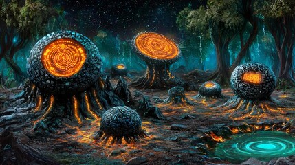 Poster - Futuristic High-Tech Landscape of Cellular Communication Structures at Night