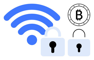 Poster - wireless symbol, two padlocks one open, one closed , and a Bitcoin symbol. Ideal for themes cybersecurity, secure transactions, blockchain, internet safety, wireless networks, data encryption