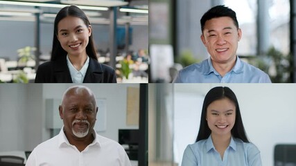 Poster - A diverse group of four professionals, two women and two men, are smiling and engaging with the camera in a modern office setting. Bright workspaces and natural light enhance the atmosphere.