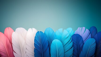 Wall Mural - Colorful arrangement of feathers in various shades against a soft gradient background