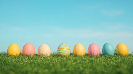 Easter celebration colorful eggs placed on bright fresh green grass under clear blue sky festive joyful holiday