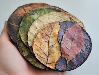 Autumn's Palette: Hand Holding a Stack of Colorful Pressed Leaves