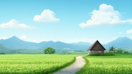 Wall Mural - Tranquil Rural Landscape with Green Fields and Mountains