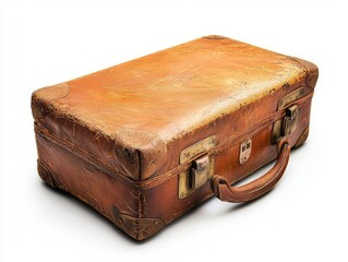 This vintage leather suitcase showcases a weathered design perfect for travel enthusiasts and nostalgic collectors alike. Isolated on white background