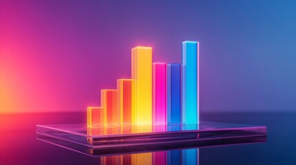 Poster - D bar graph with vibrant colors, arranged in ascending order on a transparent glass base, with soft ambient lighting