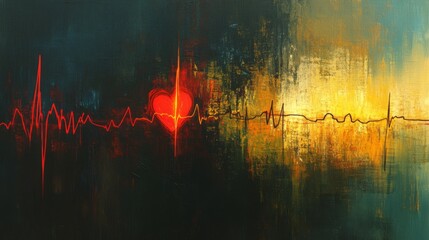 Poster - An artistic rendering of heart wave patterns emerging from a heartbeat monitor, incorporating elements of light and shadow for a dramatic effect