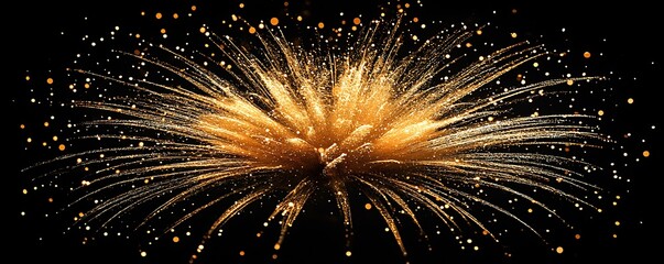 Gold fireworks exploding on a black background, providing ample copyspace, ideal for festive and celebratory messages or announcements.