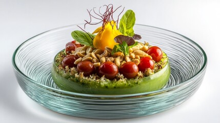 Aufkleber - An elegant presentation of Som Tum green papaya salad with vibrant colors, topped with roasted peanuts and cherry tomatoes, showcasing the freshness of Thai ingredients