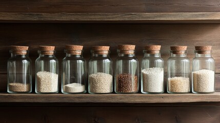 Poster - Assorted grains such as rice, corn, and millet arranged in glass jars on a wooden shelf, creating a rustic, organic kitchen vibe