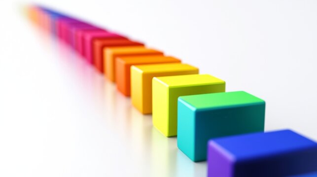 Array of rainbow-colored D bars in a row, gradually increasing in height, with smooth shadows and reflections