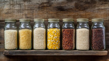 Poster - Assorted grains such as rice, corn, and millet arranged in glass jars on a wooden shelf, creating a rustic, organic kitchen vibe
