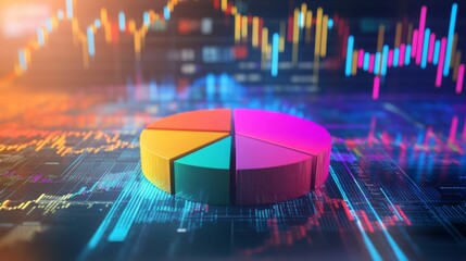 Aufkleber - A D financial pie chart with vibrant colors, representing different revenue streams, set against a digital background with stock market graphs in the distance.