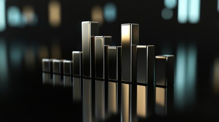 Poster - A D financial bar graph with metallic bars, representing revenue comparison between different companies, placed on a reflective surface with a sleek black background.