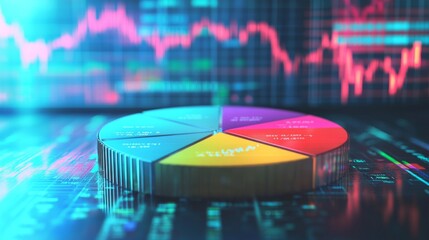Poster - A D financial pie chart with vibrant colors, representing different revenue streams, set against a digital background with stock market graphs in the distance.