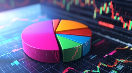 Poster - A D financial pie chart with vibrant colors, representing different revenue streams, set against a digital background with stock market graphs in the distance.