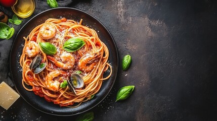 Wall Mural - A beautifully plated dish of spaghetti with seafood, featuring clams, shrimp, and a rich tomato sauce, garnished with basil leaves and Parmesan cheese