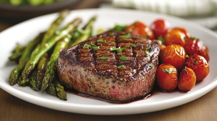 Poster - A beautifully plated steak with colorful sides, including roasted asparagus and cherry tomatoes, presented on a white dish that enhances the dishs vibrant colors.