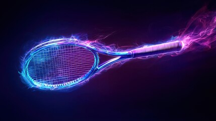 Wall Mural - Digital of a tennis racket striking a neon glowing tennis ball with vibrant electric trails tracing the motion and impact of the shot  The dynamic futuristic scene captures the speed