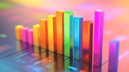 Fototapete - A business bar chart illustrating annual financial performance, with different colored bars representing income, expenses, and profit, placed on a gradient background.