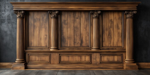 Wall Mural - Classic premium luxury wood paneling wall background or texture. Highly crafted traditional wood paneling wall and floor, with a frame and column pattern, Extra wide format. Hand edited generative AI.