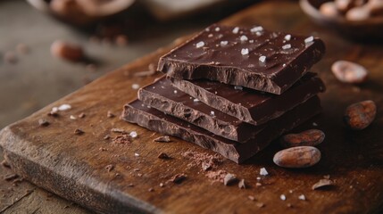 Poster - A close-up of luxurious dark chocolate bars stacked on a rustic wooden surface, with cocoa beans and a sprinkle of sea salt beside them, evoking indulgence and richness.