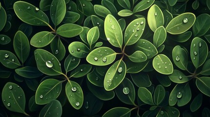 Poster - A close-up of mangrove leaves with water droplets, capturing the details of their texture and color against the backdrop of the forest
