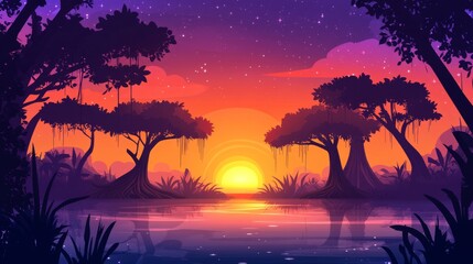 Poster - A colorful sunset over a mangrove forest, with silhouettes of trees against a dramatic sky, creating a stunning and picturesque coastal view