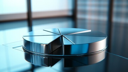 Aufkleber - A corporate D pie chart with glossy silver and blue segments, with one slice slightly pulled out to highlight its significance, displayed on a reflective surface.