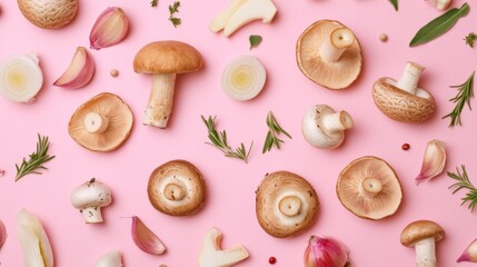 Poster - A creative flat lay of various mushroom types alongside cooking ingredients like garlic, onions, and herbs, highlighting their versatility in gourmet dishes.