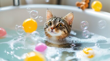 Poster - A delightful image of a cat playing with bubbles in a bathtub, surrounded by floating toys, showcasing the fun and playful side of bath time for furry companions.
