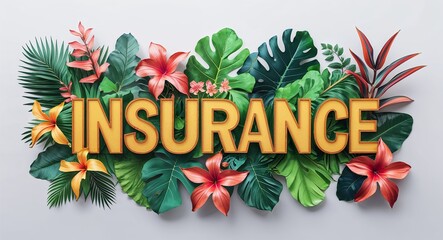 Wall Mural - insurance lettering with tropical plants leaves and flowers design on plain white background