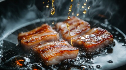 Poster - A dramatic shot of pork belly sizzling in a frying pan, with droplets of oil splattering, capturing the essence of a delicious cooking moment