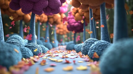 Wall Mural - surreal autumn path through a whimsical forest with colorful, fluffy trees and falling leaves.
