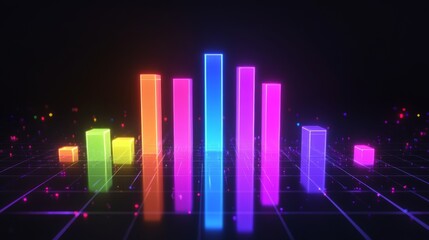 Poster - A dynamic D bar graph with glowing neon bars, showing data comparison in a high-tech setting with grid lines and axis markers.