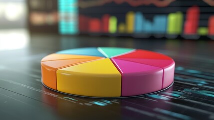 Fototapete - A dynamic financial pie chart with bright, segmented slices showing business income allocation, overlaid on a blurred stock market graph for a high-tech feel.