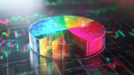 Leinwandbilder - A dynamic financial pie chart with segmented slices, showing investment portfolio allocation, overlaid on a digital background filled with stock market trends.