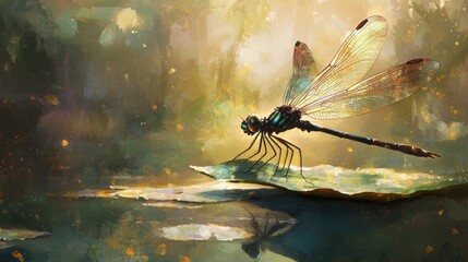 Aufkleber - A dynamic scene of a dragonfly resting on a leaf near a serene pond, with its iridescent wings glistening in the sunlight, highlighting the grace of these insects.