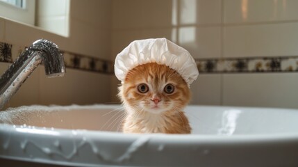 Aufkleber - A funny scene of a cat wearing a tiny shower cap while sitting in a bathtub, portraying the humor and charm of grooming time in a lighthearted way.