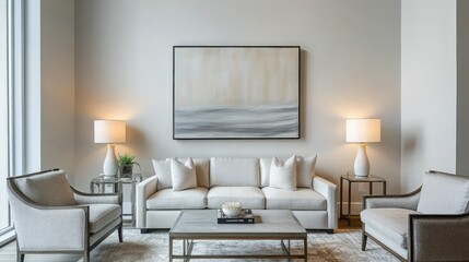 Poster - A minimalist living room design featuring a neutral color palette, sleek furniture, and a striking piece of artwork on the wall, creating a serene and stylish space.