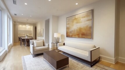 Poster - A minimalist living room design featuring a neutral color palette, sleek furniture, and a striking piece of artwork on the wall, creating a serene and stylish space.