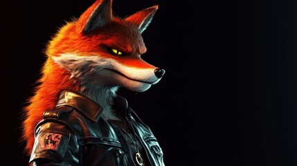 Wall Mural - Anthropomorphic fox in leather jacket, dark background.