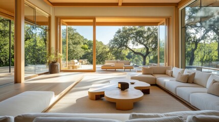 Poster - A modern living room with an open floor plan, featuring large sliding doors that open to an outdoor patio, blending indoor and outdoor living